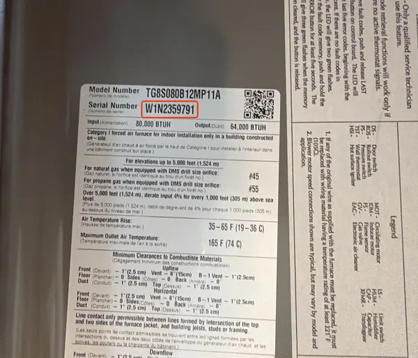 Data plate on a Luxaire furnace, serial number W1N2359791 outlined in red