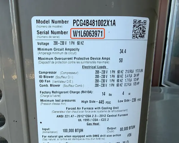 Data plate on a York gas and electric packaged unit, serial number W1L6063971 outlined in red