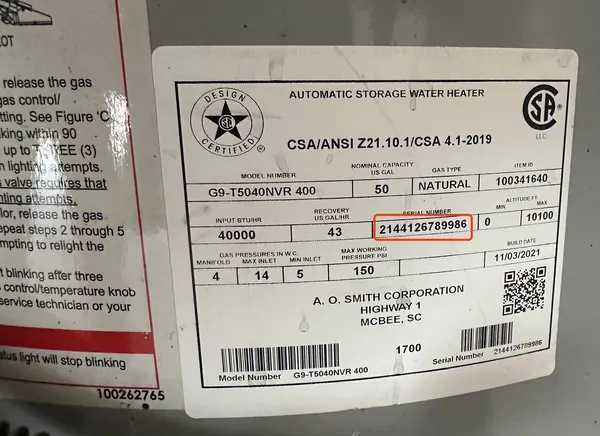 Rating label on the side of an A.O. Smith gas water heater, serial number outlined in red