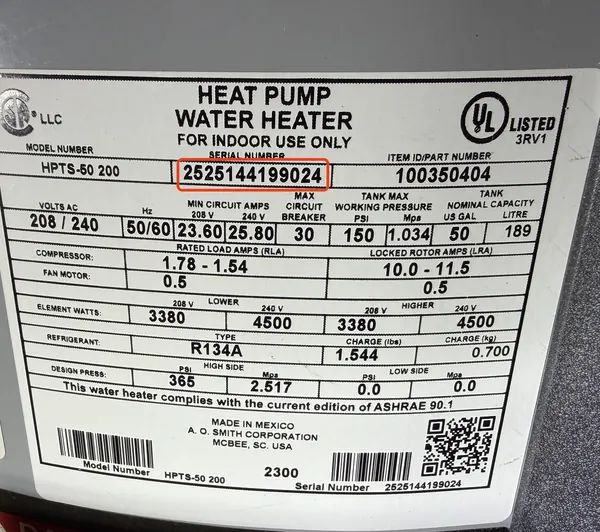 Rating label on an A.O. Smith heat pump water heater, serial number outlined in red
