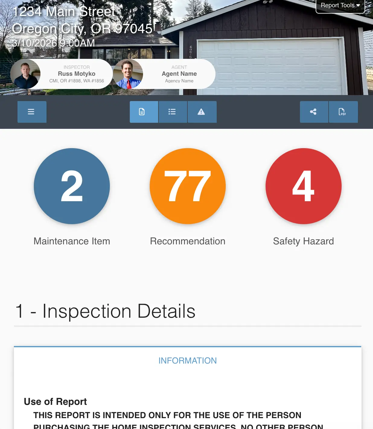 Sample home inspection report from Trusted Home Inspections showing findings organized by severity — Portland, Oregon