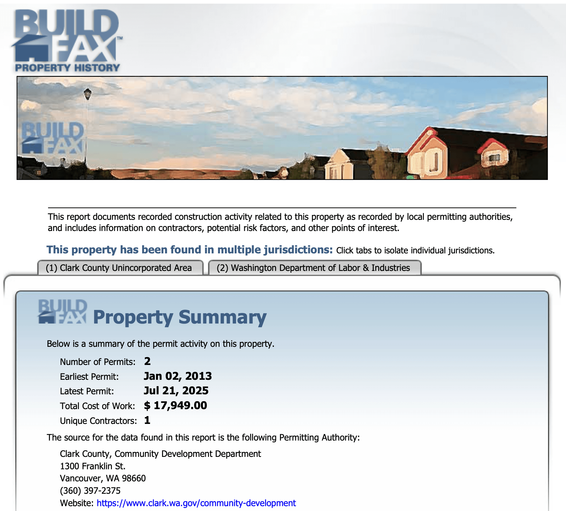 Sample BuildFax permit history report for a Battle Ground property, showing permits grouped by system