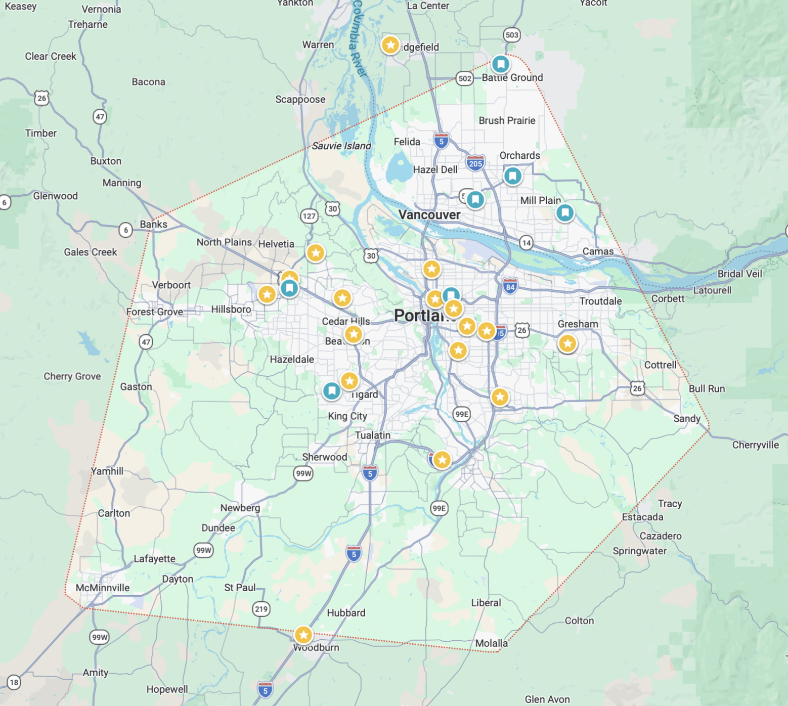 Map of the Trusted Home Inspections service area, showing the 40-mile no-travel-fee radius around Oregon City across Clackamas, Multnomah and Washington counties in Oregon and Clark County in Washington.